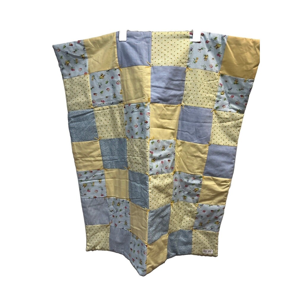 Handmade Baby Blanket Quilt Comforter Blue Yellow Floral Double Sided 31.5 by 37